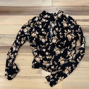 Free People Black and Cream Floral Blouse
